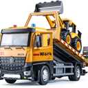 HAPYAD Tow Truck Toy Metal Cab, Flatbed Tow Truck Toys for Boys with Backhoe Loader, Friction Powered Transport Trailers with Lights and Siren Sounds, Construction Vehicles for Kids 12.5"