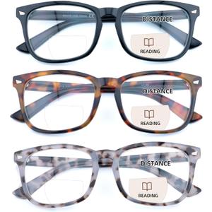 3 Pack Bifocal Reading Glasses for Women Men Bi-focal Readers PC Frame Fixed Hinge Dual Focal Clear Top Eyewear,+1.50