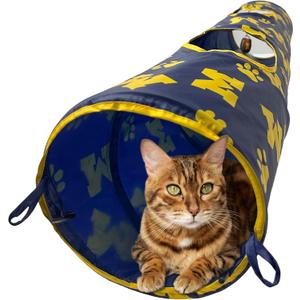 NCAA Michigan Wolverines Cat Tunnel Tube Toy with Plush Football Catnip and Feathers