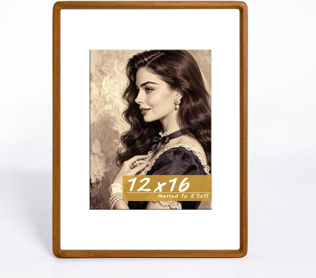 12x16 Picture Frame, Solid Teak Wood Frame,Matted to 8.5x11 Photos