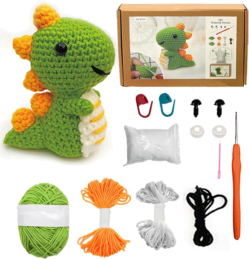 Kaaper Crochet Kit for Beginners for Adults, Learn to Dinosaur Crochet Kit, Crochet Animal Kit Starter Knitting with Step-by-Step Video (Green Dinosaur)