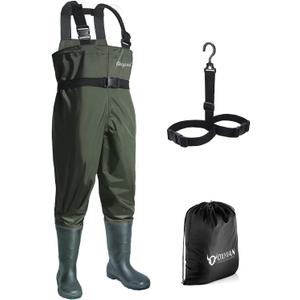 OXYVAN Chest Waders with Boots for Men & Women, Nylon/PVC Lightweight Fishing Wader with Boots Hanger (M9/W11, Army Green)
