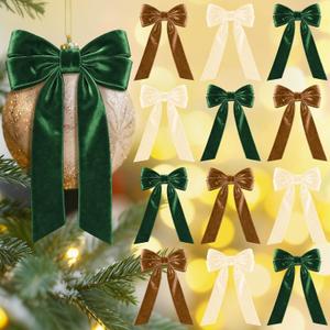 Aneco 12 Pcs Velvet Bows Christmas Ribbon Bow Tree Ornaments Vintage Xmas Bows for DIY Crafts Gift Wrapping Hair Garland Wreath Floral Holiday Door Decorations (9 x 13 Inch, Beige, Brown, Dark Green)