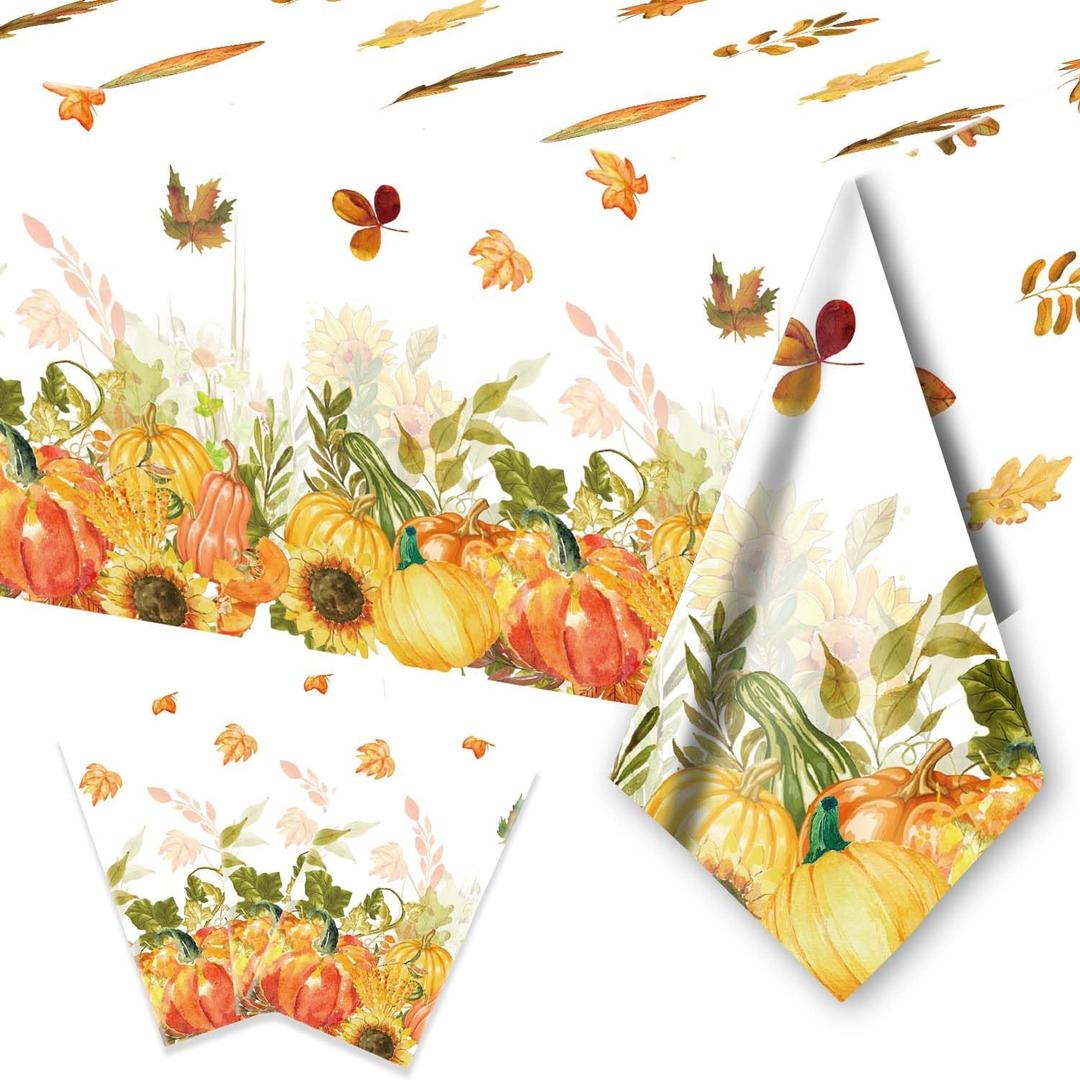PARSUP 3PCS Thanksgiving Disposable Tablecloth Party Supplies, 108  54 inch, Autumn Theme Pumpkin Maple Leaves Tablecloth Plastic Waterproof Tablecover Decorations