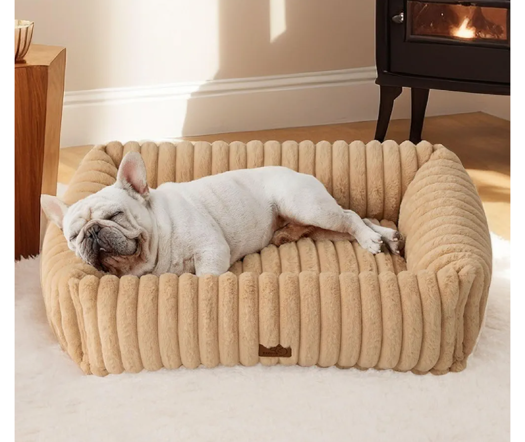 Bedsure Washable Dog Bed for Medium Dogs - Cute Furry Puppy Beds, Rectangle Orthopedic Corduroy Fleece Pet Beds with Removable Zipper Cover, 30x24x8inches, Sandy Tan