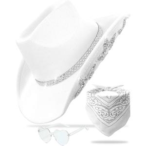 Cowboy Hat for Women Men 6 Sparkly Stars Brim & Rhinestone Belt Western Cowgirl Hat with Sunglasses Bandanas (White)