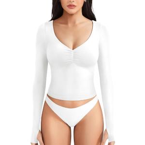 YEOREO CoreFlex Long Sleeve Workout Tops for Women Padded Deep V Neck Double Lined Impact Tops Slim Fit Gym Athletic Shirts (White, XS)
