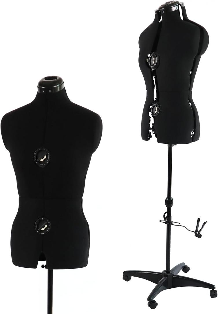 Black Dress Form Adjustable Mannequin for Sewing, Female Size 6-14 Pinnable Body Form with 13 Dials & Detachable Casters, 42.5"-60" Height Range for Clothing Display, Small to Medium