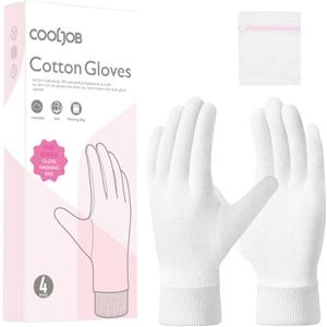 COOLJOB 4 Pairs Soft Moisturizing Cotton Gloves Set with Stretch Elastic Cuff, Overnight Lotion Sleeping Gloves for Dry Hands, Eczema Skin, Beauty Women SPA Essentials, Small, White
