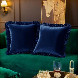 Velvet Throw Pillow Covers Set of 2, Soft Decorative Ruffle Cushion Cases for Couch Sofa Bedroom, 18 x 18 Inches, Navy Blue