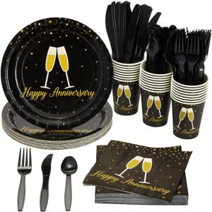 BLUE PANDA 144-Piece Happy Anniversary Party Decorations and Supplies, Includes Plates, Napkins, Cups, and Cutlery, Bulk Set for Wedding, Work, or Milestone Anniversaries (Serves 24 Guests)