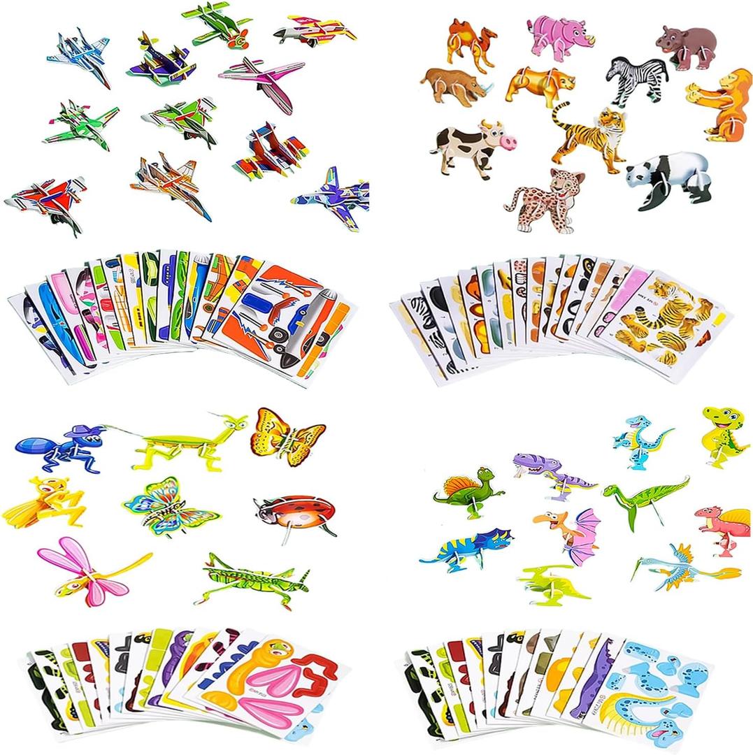 Lovyan 100PCS Educational 3D Cartoon Puzzle for Kids - Insects, Dinosaurs, Animals, Vehicles Themed 3D DIY Cardboards for Boys & Girls Gift Party Supplies
