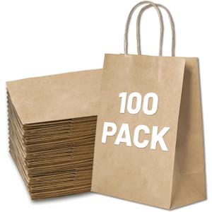 Gift Bags 8.25"X5.9 "X3.15" 100pcs Brown Kraft Paper Bag with Handles for Small Business Christmas Bulk, Wedding, Party Favor, Shopping, Lunch, Halloween Trick-or-Treat Bags (1 Count (Pack of 100))