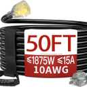 50 FT 10 Gauge Extension Cord Outdoor, Heavy Duty Weatherproof & Flame Retardant Black 3 Prong Power Cord with Light, Outside for Lawn & Garden, 15 Amps 1875 Watts 125 VAC 10AWG SJTW, ETL Listed