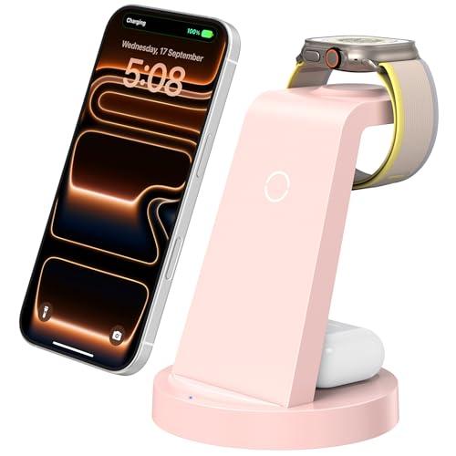 Anlmz 3 in 1 Charging Station for iPhone, Wireless Charger for iPhone 17 16e 16 15 14 13 12 11 X Pro Max & Apple Watch - Charging Stand Dock for Air Pods (Pink)