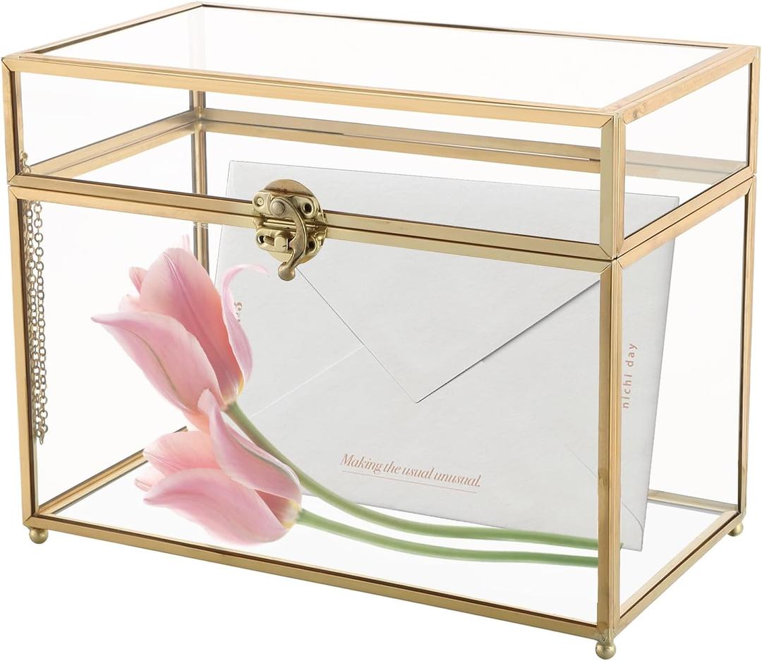 NATGAI Golden Vintage Glass Jewelry Organizer Box with Lid, Large Clear Decorative Box for Wedding Birthday Gift, Glass Card Box, Rectangle Jewelry Display Organizer Box (10 x 5.6 x 7.7 inches)
