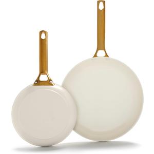 GreenPan Hard Anodized Healthy Ceramic Nonstick 8" and 10" Frying Pan Skillet Set, Gold Handle, PFAS-Free, Dishwasher Safe, Oven Safe, Cream White