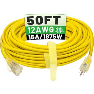50 ft 12/3 Outdoor Extension Cord Waterproof Heavy Duty with Lighted Indicator End 12 Gauge 3 Prong, Flexible Cold-Resistant Long Power Cord Outside, 15Amp 1875W SJTW Yellow ETL Listed