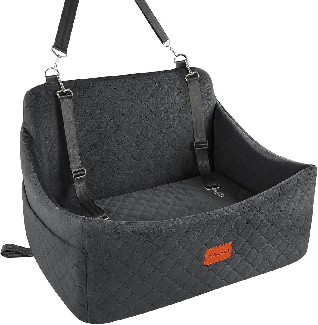 Wooaidagg Dog Car Seat for Medium & Large Dogs Up to 55lbs, Memory Foam Cushion, Washable Cover, Safety Straps & Non-Slip Bottom (Black, Large)