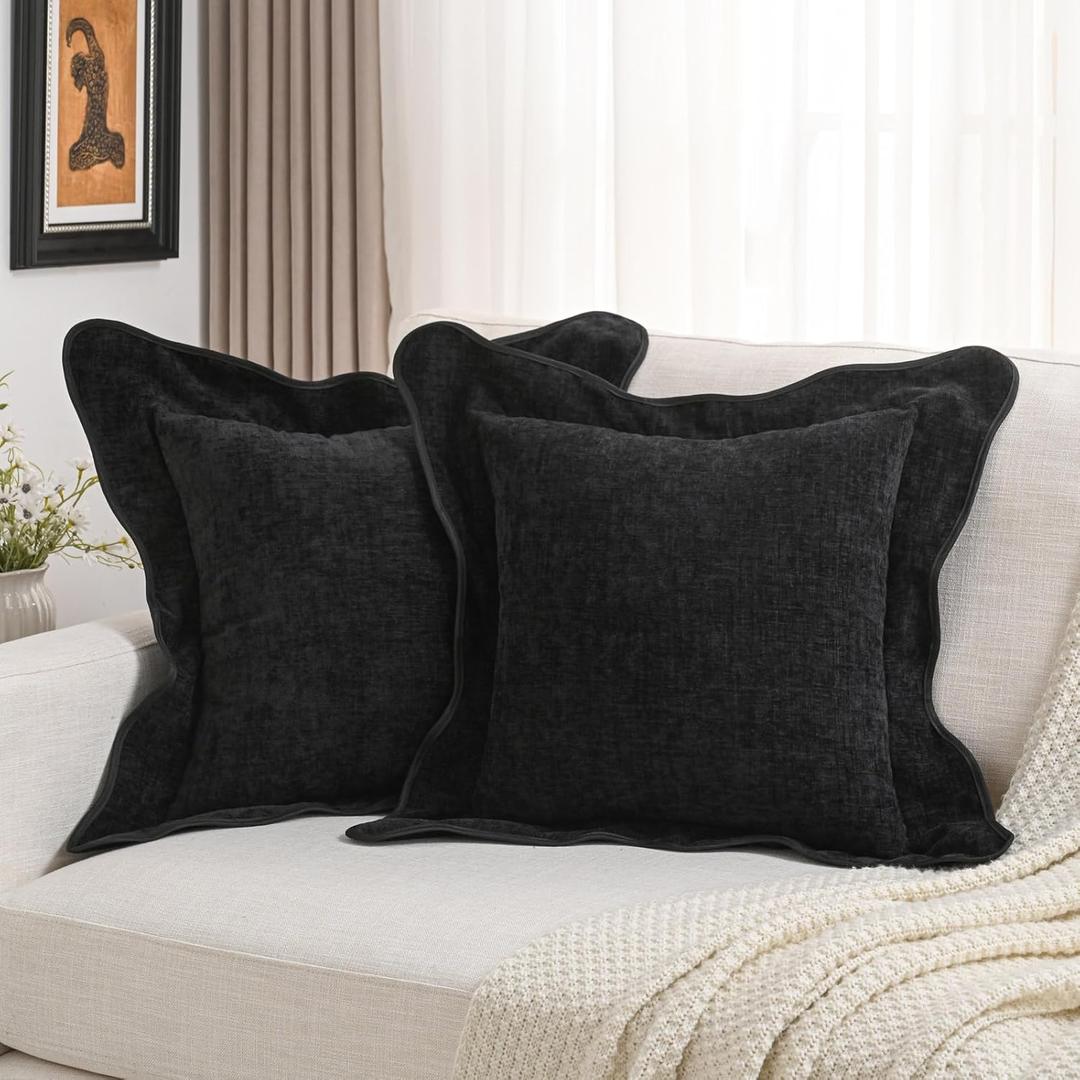 FUTEI Black Decorative Throw Pillow Covers 18x18 Inch Set of 2,Double Stitch Scalloped Bordered Soft Chenille Cushion Cases,Modern Home Decor for Couch Bed Living Room