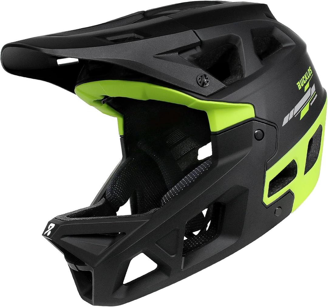 BUCKLOS Full Face MTB Helmet for Adults, ASTM F1952 Downhill Certified Mountain Bike Helmet, CPSC/ CE Safety Standard, Lightweight BMX Racing Helmet with Removable Visor, Black Green L