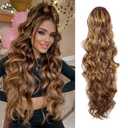 KETHBE Ponytail Extension,24 inch Drawstring Ponytail Hair Extensions,Long Body Wave Synthetic Pony Tails Hair Pieces for Daily Use (Brown Mix Golden)