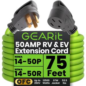 GEARit 50-Amp Extension Cord for RV & EV, 250-Volt, 4-Prong, Compatible with Tesla Models, NEMA 14-50P to 14-50R 6/3, 8/1 STW AWG Gauge, Waterproof, 75 ft, Green