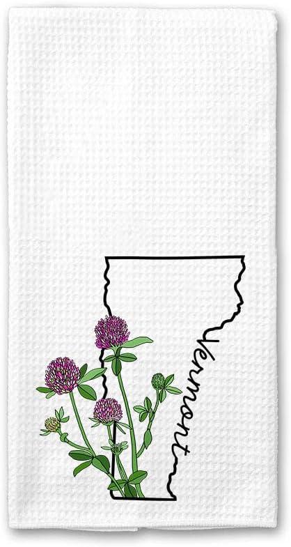 PainterDesign Vermont Kitchen Towel - Vermont Dish Towel - States Kitchen Towels - U.S. State Souvenir - Moving to Vermont Housewarming Gift - Vermont Flower Lover Gift - Vermont State Towel