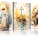 3Pcs Jesus Canvas Wall Art Bible Stories Wall Decor God Resurrection Ascension Painting Pictures Empty Tomb Cross Poster Prints for Bedroom Prayer Room Church Easter Home Decoration 12X16
