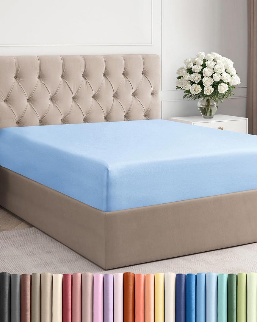 King Fitted Bed Sheet - Bottom Single Fitted Sheet Only - Soft Hotel Luxury Bedding w/ 8-16 Inch Deep Pockets - Breathable, Cooling & Wrinkle Free - Easy-Care, Fade and Shrink Resistant - Light Blue