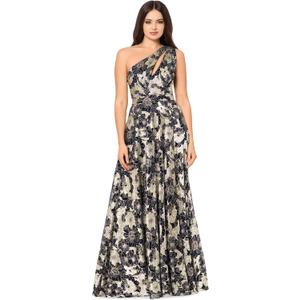 Betsy & Adam Women's Betsy & Adam Women's V-Neck Chiffon Embroidered Applique Bodice Short Sleeve Flowy Floor Length Dress, Navy Blue/Gold, Size 4 