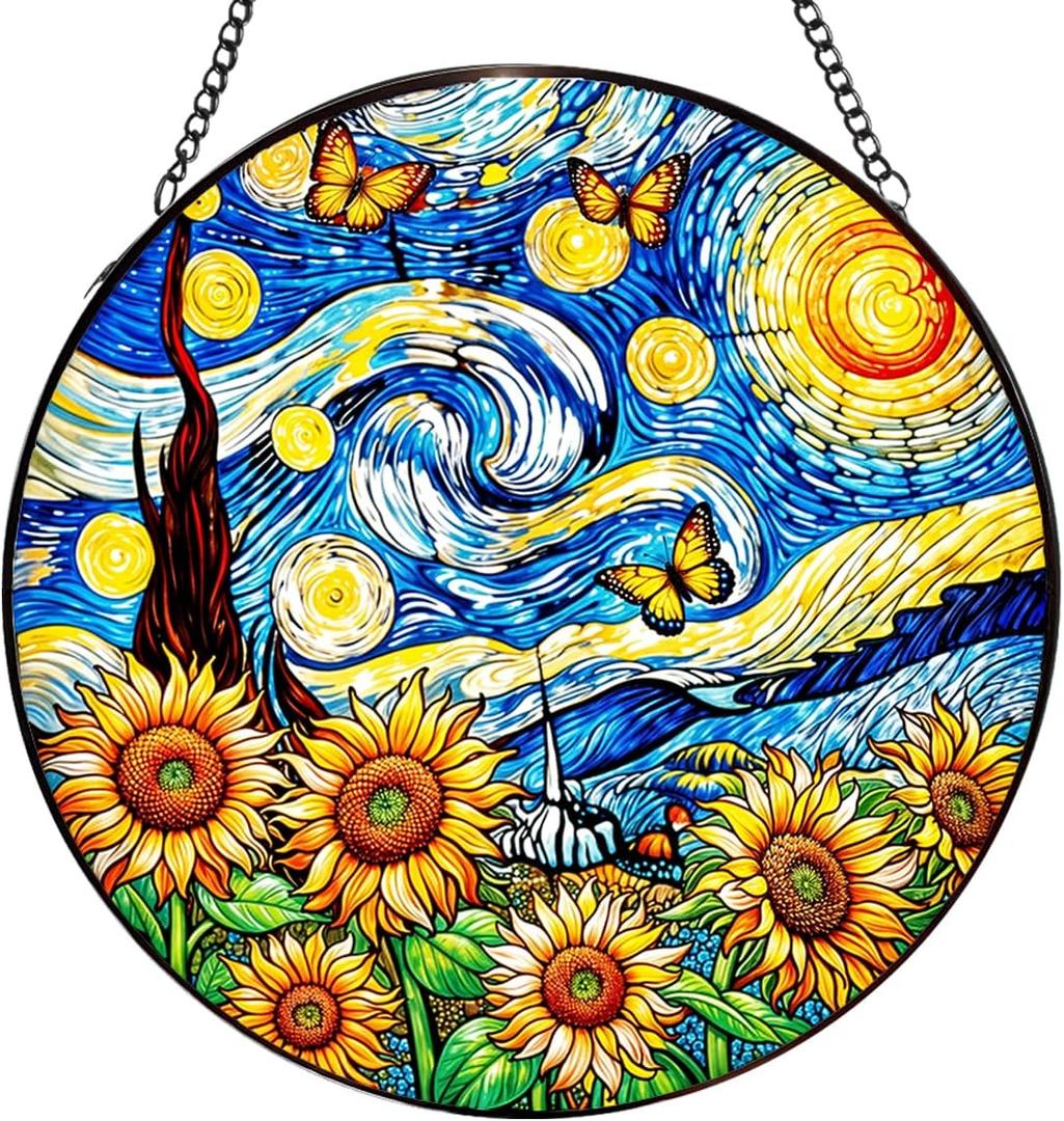Sunflower Butterfly Suncatcher,Stained Glass Window Hanging,Starry Night Style Sun Catcher for Windows,Crystal Suncatcher Indoor Home Decor,Gifts for Women,Mom,7.87 in,Christmas Mother's Day