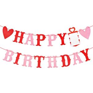 Red and Pink Glitter Love Heart Happy Birthday Banner - Valentine's Themed Hanging Paper Garland Bunting Banner, Photo Backdrop for Wall Home Mantle Office Party Decorations