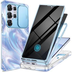 GVIEWIN for Samsung Galaxy S25 Ultra Case, [Slide Camera Cover & Built-in Anti-Spy Privacy Screen Protector] [2 Front Frame] Shockproof Military Grade Marble Phone Case 6.9" (Aurora/Azure Blue)