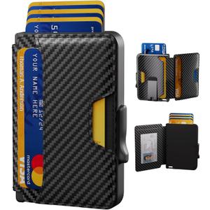 Wallet for Men, Mens Wallet Minimalist Slim Wallet, RFID Blocking Smart Pop Up Wallet with Money Clip & ID Window, Metal Compact Wallet, Aluminum Credit Card Holder Wallet (Carbon Fiber)