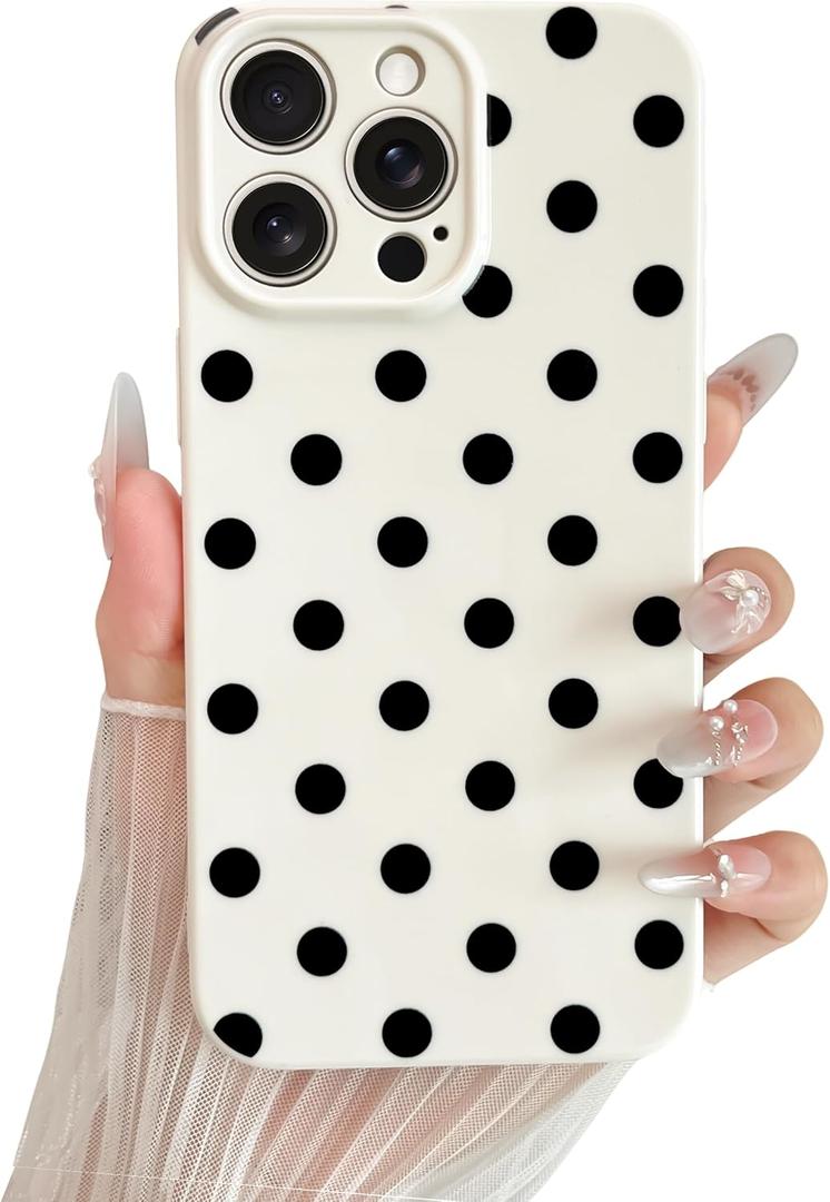 Skyseaco Compatible with iPhone 15 Pro Max Case Cute Polka Dot Phone Case Soft TPU Shockproof Phone Cover Full Camera Lens Protection for Women Girls - White