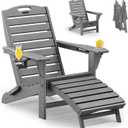 Folding Adirondack Chair with Retractable Ottoman Weather Resistant Fire Pit Chair Patio Chair with 2 Cup Holder Lawn Outdoor Lounge Chairs (Grey)