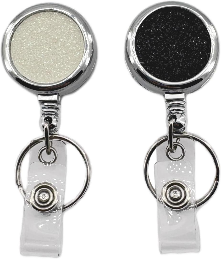 2 Pack Metal Retractable Badge Holder Reel - Durable & Bling Keychain, Decorative Id Badge Holder with Clip, Ideal for Nurses, Teachers, Students, Office Use (Glitter Black & Glitter White)