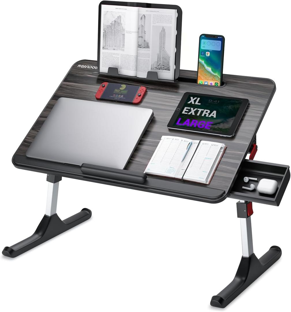 NEARPOW Laptop Desk for Bed, Adjustable Foldable Bed Table Lap Desk, Computer Tray Laptop Stand with Book Stand,Wrist Rest, Storage Drawer Foldable Lap Desk for Adults Kids Writing Work Study Couch