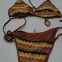 ZAFUL Women's Colorblock Stripes Triangle Halter Tied Cheeky Thong Bikini Set High Cut Two Piece Bathing Suit (Medium, 1-coffee)