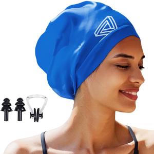 Large Swimming Cap, Suitable for Men and Women, Specially Designed Swimming Cap, Suitable for Very Long and Thick Curly Hair and Braids, Keep Hair Dry (X-Large, Blue)