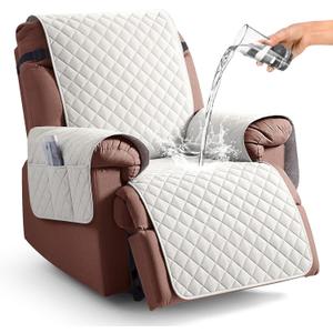 KinCam 100% Waterproof Recliner Chair Cover, Reclining Couch Covers for Pets, Dogs, Recliner Couch Slipcover Furniture Protector with Elastic Straps for Kids(23.6", Beige White)