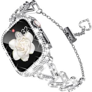 KADES Band & Case Designed for Apple Watch Series 46mm 45mm 44mm 42mm 41mm 40mm 38mm for Women, Metal Strap with Bling Rhinestone Screen Protector Cover for iWatch 10 9 8 7 6 5 4 SE SE2 3 2 1