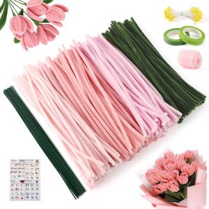 400 Pcs Pink Pipe Cleaners Kit, 4 Colors Chenille Stems DIY Bouquet | 12" Assorted Fuzzy Stalks with Floral Wire Stems, Tape & Ribbon. Perfect for Family Activities, School Arts & Flower Crafts