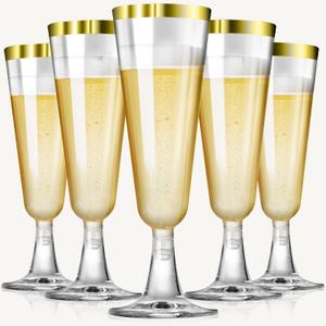 SUREHOME Champagne Flutes Plastic Champagne Glasses Disposable 100 Pack 5 Oz Gold Rim Mimosa Glasses Acrylic Wedding Toasting Cocktail Cups for New Years Eve Party Supplies 2026 New Years Decorations
