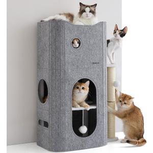 Bedsure 3-Level Indoor Cat Bed- Cat Condos Small Cat Tree for Multiple Kitties to Play Sleep,Hideaway Cave, Fluffy Ball, Scratching Post, 22.5x31.5x13, Grey