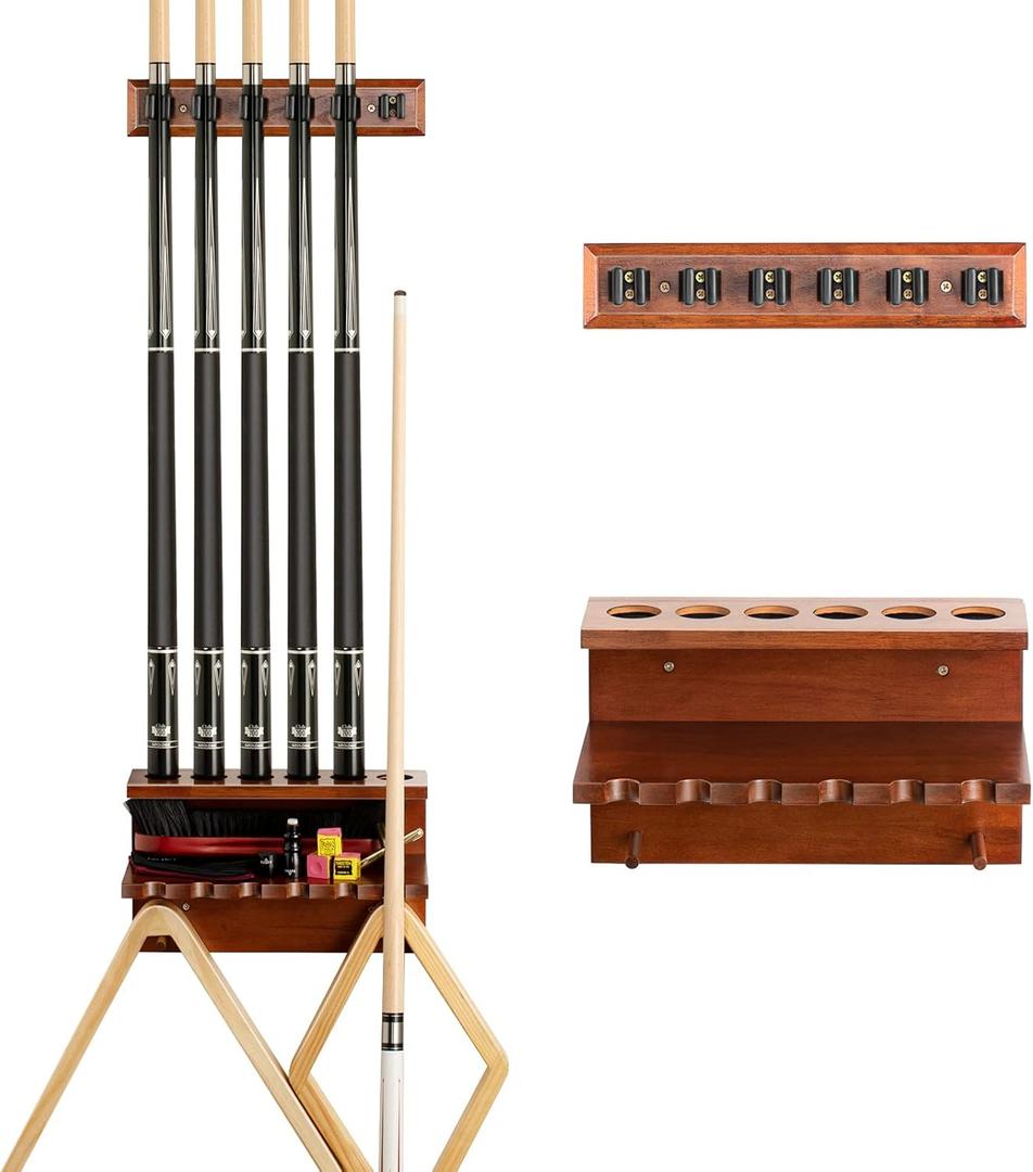 Wall Mount Pool Stick Holder - Billiards Pool Cue Rack Hardwood Pool Cue Set Holder for 6 Cues Sticks Storage Pool Table Accessories Equipment Organizer (Brown)
