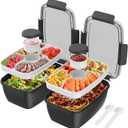 Cherrysea 2Pack Salad Lunch Container, 68oz Salad Bowls with 4 Compartments Tray,Leak Proof Lunch Box with Fork for Men,Women BPAFree Snack Container with Sauce Container for Dressings  Black