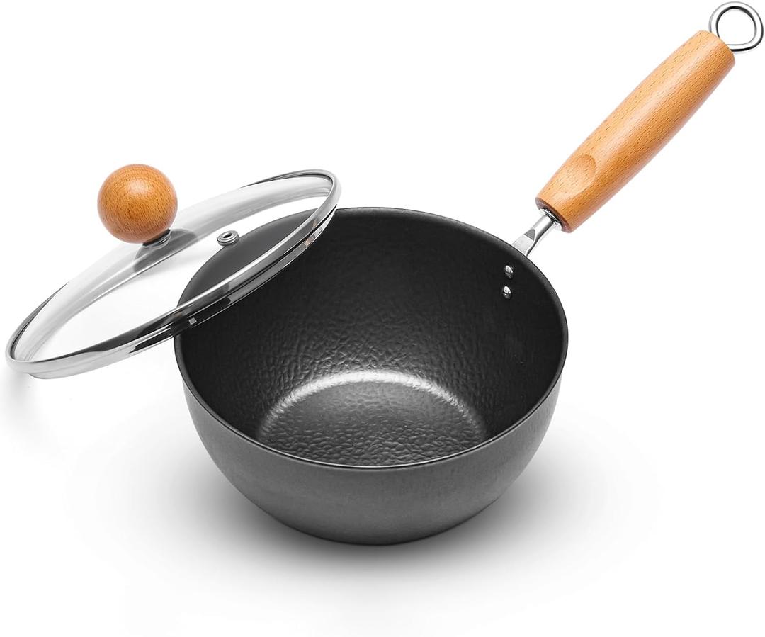 VIVIDCOOKWARE Small Wok Pan with Lid  7Inch (1.5QT) Mini Carbon Steel Wok, Flat Bottom Stir Fry Pan, Uncoated & Induction Ready, Ideal for Ramen, Soup, Eggs (12 Servings)