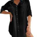Bsubseach Women Button Down Rolled Cuffed Long Sleeve Shirt Side Slit Collared Blouses with Pockets Oversized Rayon Tops Black XL